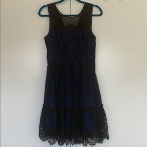 black lace over sapphire blue evening dress